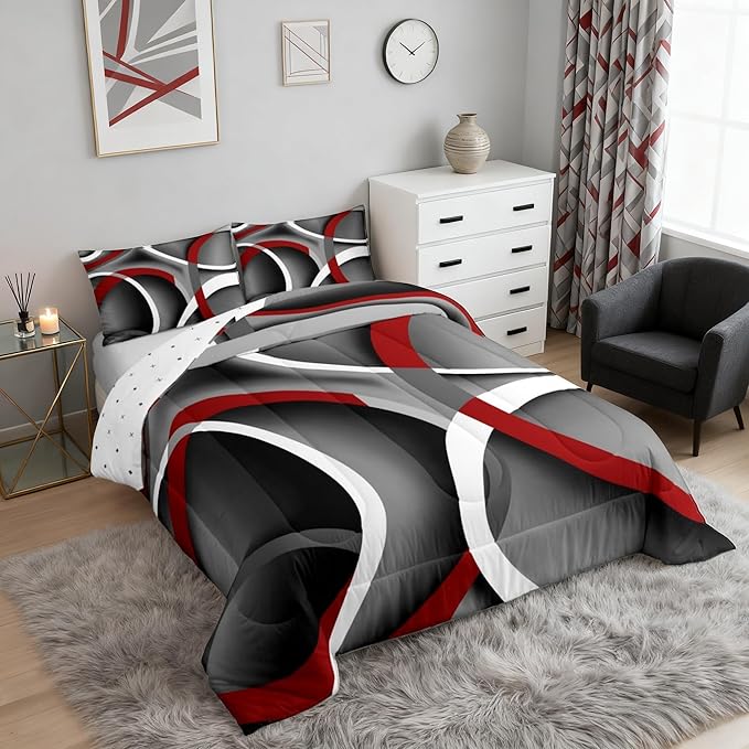Gray Black Red Swirls Bedding Comforters Retro Circle Stripes Comforter Set for Boys Kids Modern Abstract Bedding Duvet Color Art Home Decoration for All Season,1 Comforter Set + 2 Pillowcases,Full
