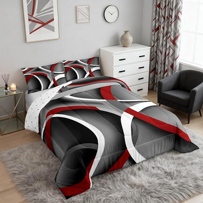 Gray Black Red Swirls Bedding Comforters Retro Circle Stripes Comforter Set for Boys Kids Modern Abstract Bedding Duvet Color Art Home Decoration for All Season,1 Comforter Set + 2 Pillowcases,Full