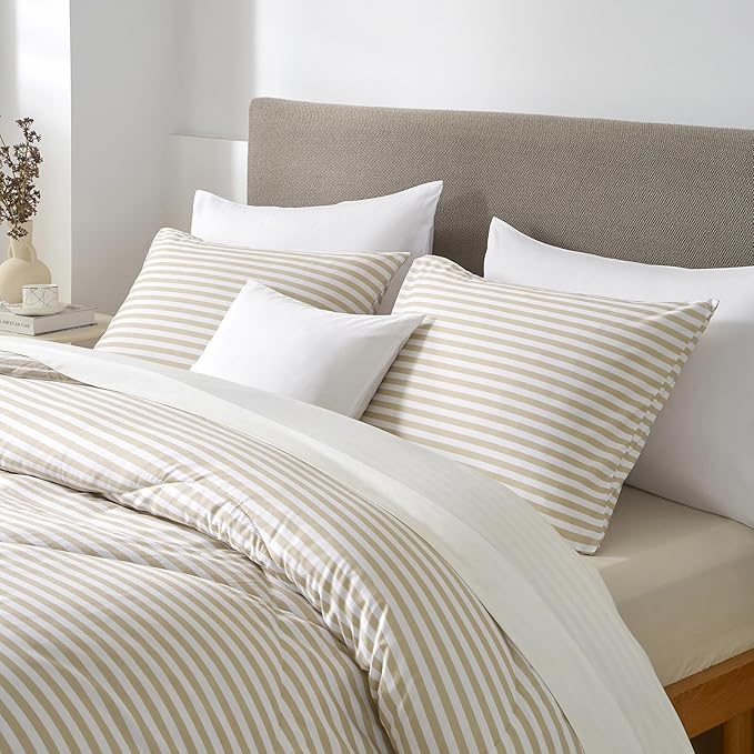 mixinni Tan Striped Comforter Set King Size - Beige Stripes Pattern Bed Set for All Season, 3 Pieces Lightweight Bedding Comforter Sets for All Seasons (1 Soft Fluffy Comforter + 2 Pillowcases)