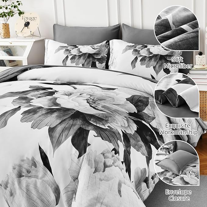 Dobuyly California King Comforter Set 7 Piece Bed in a Bag, Grey Floral Printed on White Comforter Set with Sheets, Soft Microfiber Botanical Cal King Bedding Set for All Season