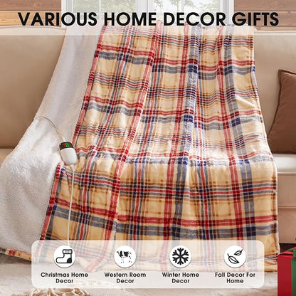 Brown Heated Blanket Electric Throw, 50X60 Heating Throw with 10 Heating Levels & 8 Hours Auto Off, Plaid Sherpa Blanket Warmer for Adults, Farmhouse Home Decor for Couch Bed Office Gifts for Mom