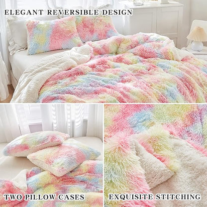 Joyreap 3-Piece Plush Shaggy Comforter Set, Full/Queen Size Luxury Faux Fur Sherpa Reversible Bedding Comforter Set, Ultra Cozy Warm Fluffy Bedding Set for Winter (Rainbow, 88x88 inches)