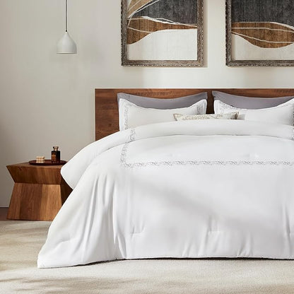 SLEEP ZONE Queen Comforter Set, Luxury Hotel Collection Comforter, 3 Pieces Fluffy Lightweight Down Alternative Duvet Insert with Embroidered Stripes (Natural Branches, Full/Queen)