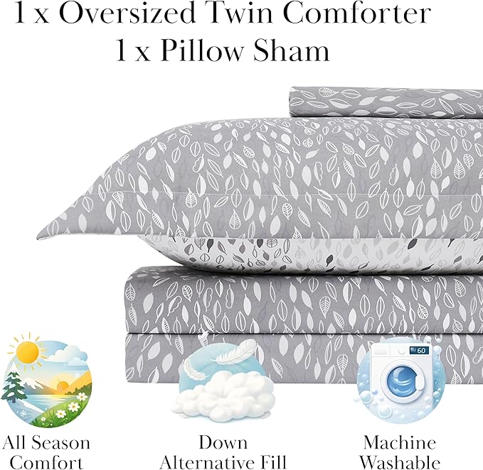 Southshore Fine Living, Inc. Botanical Leaves Collection - 2-Piece Twin Bed Comforter Set, Down Alternative Comforter Set, Microfiber Fabric, Twin Bedding Sets Complement Room Décor, Twin/XL, Grey