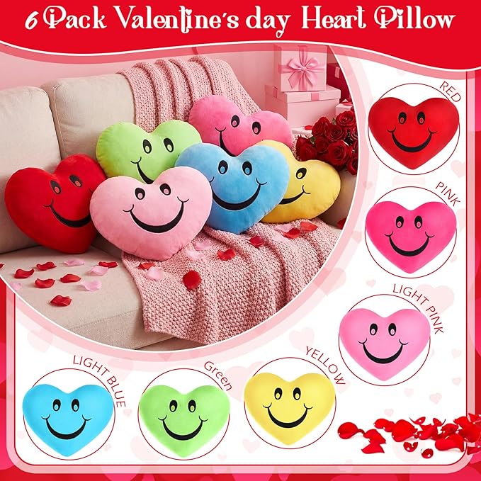 Novabright 6 Pcs Valentines Day Heart Pillows 12", Love Heart Shaped Pillow Plush Throw Pillow, Cute Colourful Pillows for Gifts Valentines Day Living Room Bedroom Decor