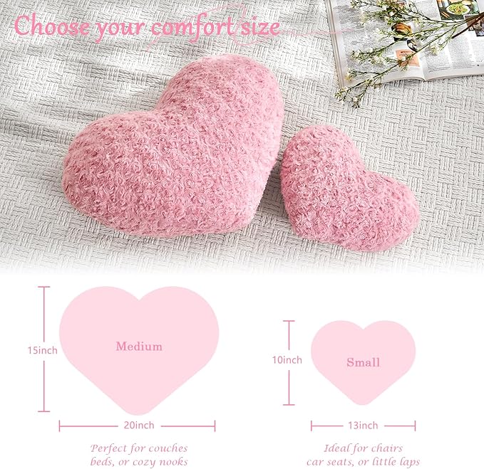 Heart Pillow Pink Throw Pillows, Soft and Fluffy Decorative Pillows for Bed Couch Chair, Cute Heart Shaped Room Decor for Valentine Anniversary Birthday Halloween Christmas (Medium, 20"x15")