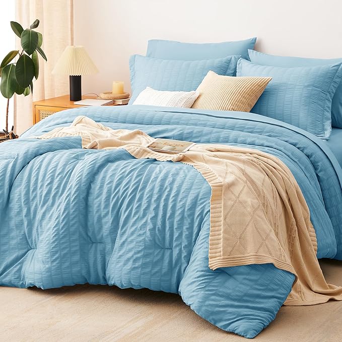 CozyLux King Size Comforter Set Sky Blue Seersucker 7 Pieces Bed in a Bag King Comforter Set with Sheets, Luxury Bedding Set with Down Alternative Comforter, Sheets, Pillowcases & Shams All Seasons