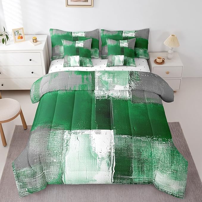 Erosebridal Green White Gray King Comforter Set 7pcs Aesthetic Bed in a Bag, Watercolor Bedding Comforter Sets (1 Comforter + 1 Fitted Sheet + 1 Flag Sheet + 2 Pillowcase + 2 Throw Pillow Cover)
