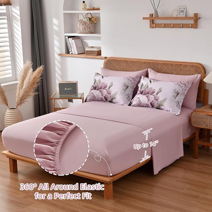 Dobuyly Pink King Size Comforter Set 7 Piece Bed in a Bag, Blush Floral Printed on Light Pink Comforter Set with Sheets, Soft Microfiber Botanical Flower Bedding Set for All Season