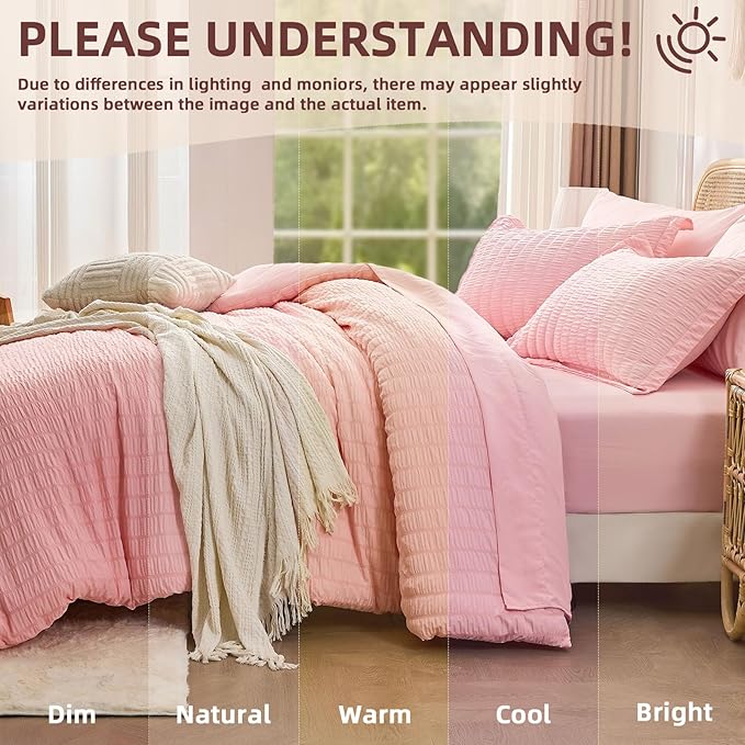 FUANNA Pink King Size Comforter Set 7 Pieces, Luxury Seersucker Bed in a Bag King for All Seasons, Soft King Bedding Set with Comforter, Flat Sheet, Fitted Sheet, Pillowcases & Shams for Bedroom