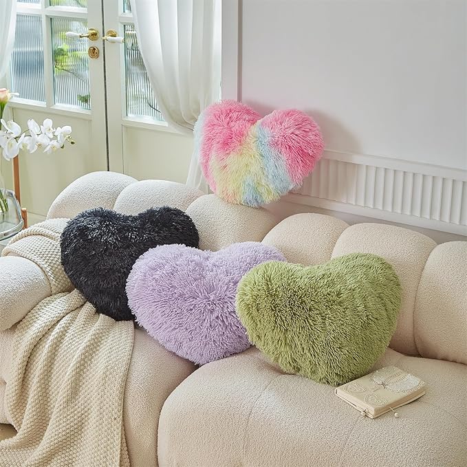 MOOWOO Fluffy Heart Pillow, Faux Fur Throw Pillow,Sherpa Plush Fluffy,Cute Soft Throw Cushion, Valentines Day,Thanks Giving Days,Christmas Day Decorative for Home Bed Couch Heart Shape