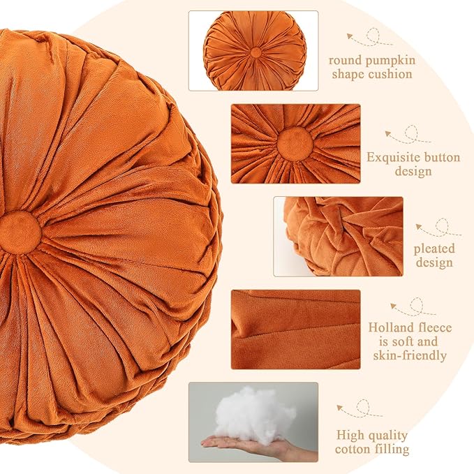 1 Pcs Round Throw Pillows Decorative Velvet Pleated Throw Pillows 15'' Diameter Accent Pumpkin Boho Chair Cushion for Couch Sofa Chair Bed Home Decoration (Burnt Orange)