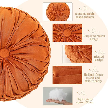 1 Pcs Round Throw Pillows Decorative Velvet Pleated Throw Pillows 15'' Diameter Accent Pumpkin Boho Chair Cushion for Couch Sofa Chair Bed Home Decoration (Burnt Orange)