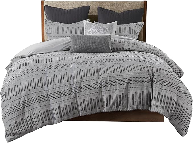 INK+IVY Luxurious Cotton-Bedding Set - Mid Century Trendy Geometric Design, All Season Cozy-Cover With Matching-Shams, Full/Queen, Rhea Jacquard Grey/Black