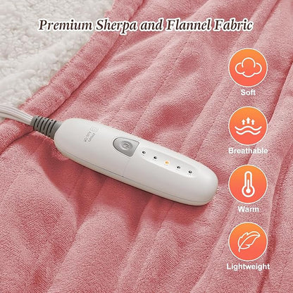 Electric Throw Blanket Heated Throw - 50''x60'' Pink Heated Throw Blanket with Plush Flannel and Soft Sherpa, Small Heating Blanket for Sofa, Ideal Winter Gifts for Grandma, ETL & FCC Certified