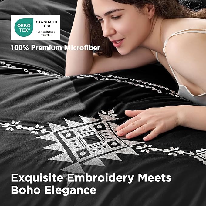 Embroidered Boho Comforter Set Twin Size, 2-Piece Western Shabby Chic Bedding Sets - Fluffy Ultra Soft Microfiber with Intricate Design, Includes Comforter & 1 Pillowcase, Black(68"x88")
