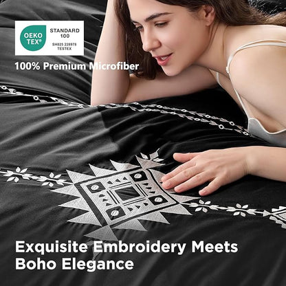 Embroidered Boho Comforter Set Full Size, 3-Piece Western Shabby Chic Bedding Set - Fluffy Ultra Soft Microfiber with Intricate Design, Includes Comforter & 2 Pillowcases, Black(82"x86")