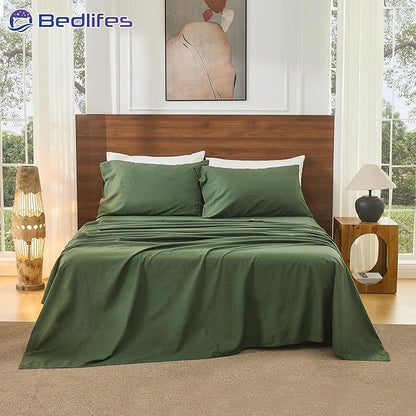 Bedlifes 100% French Pure Linen Sheets California King Size Breathable and Cooling Flax Sheet Set Soft Durable and Moisture Wicking 16 Inch Deep Pocket-4 Piece(Cal King,Forest Green)