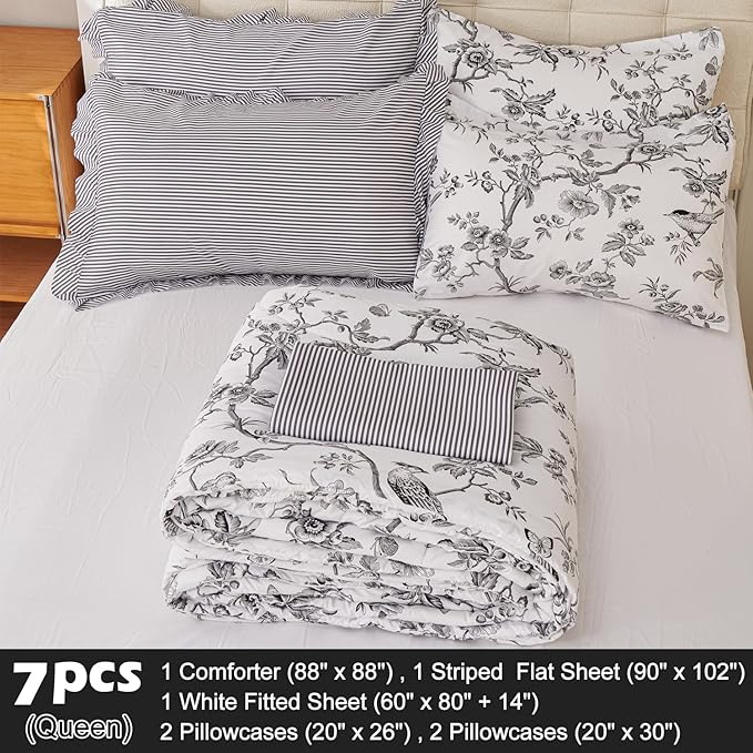 EVENHUG Queen Comforter Set 7 Pieces Lightweight Soft Queen Size Comforters for All Season Floral Bedding Sets Bed in a Bag with Flat Sheet and Fitted Sheet Pillowcases (90"x90")