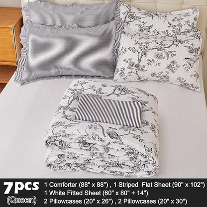 EVENHUG Queen Comforter Set 7 Pieces Lightweight Soft Queen Size Comforters for All Season Floral Bedding Sets Bed in a Bag with Flat Sheet and Fitted Sheet Pillowcases (90"x90")