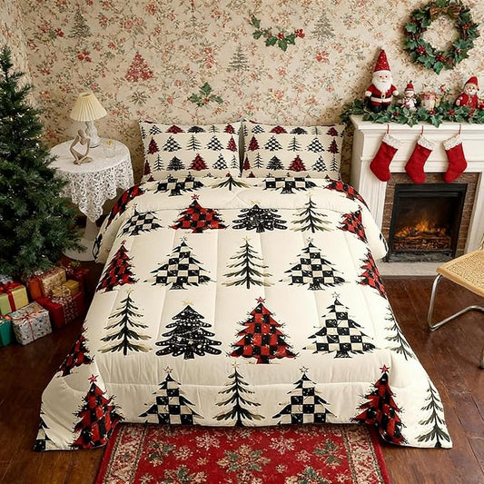 Christmas Tree Comforter Set Queen Size,Red White Black Grid Patchwork Bedding Set,Snowflake Xmas Tree Quilt Set for Kids Girls Boys Teens Room Decor,Rustic Beige Duvet Insert,2 Pillowcases