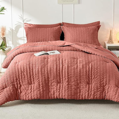 HYMOKEGE Coral Twin Comforter Set Seersucker 5 Pieces, All Season Luxury Bed in a Bag for Bedroom, Bedding Set with Comforter, Sheets, Pillowcase & Sham