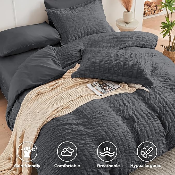 HYMOKEGE Oversized King Comforter Set Seersucker 7 Pieces, All Season Luxury Bed in a Bag for Bedroom, Bedding Set with Comforter, Sheets, Pillowcases & Shams, Dark Grey