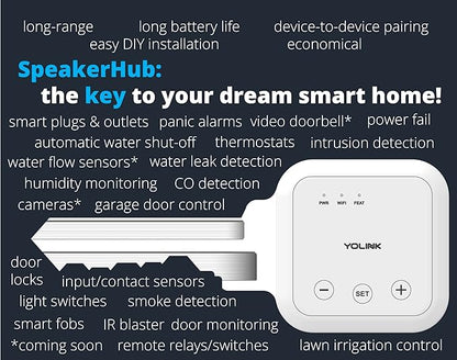 YoLink Water Leak Detection Starter Kit, w/SpeakerHub Audio/Talking Hub & Water Leak Sensor 1, LoRa Up to 1/4 Mile Open-Air Range, SMS/Text, Email & Push Notifications, w/Alexa, IFTTT, Home Assistant