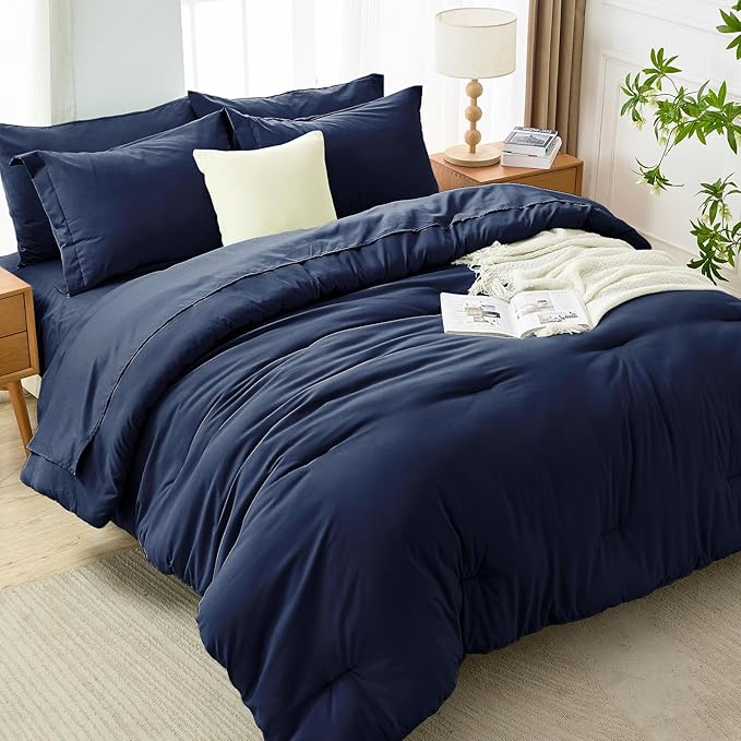 MUXHOMO 7 Pieces Queen Comforter Set, Soft Bed in a Bag Queen Size, All Season Bedding Set with Comforter, Flat Sheet, Fitted Sheet, Pillowcases & Shams, Navy Blue