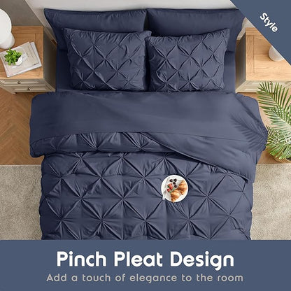 Nestl California King Comforter Set 7 Piece - Pintuck Cal King Comforter Set Navy, California King Bed in a Bag, All Season Bed Set with Flat Sheet and Fitted Sheet, Pillowcases and Shams