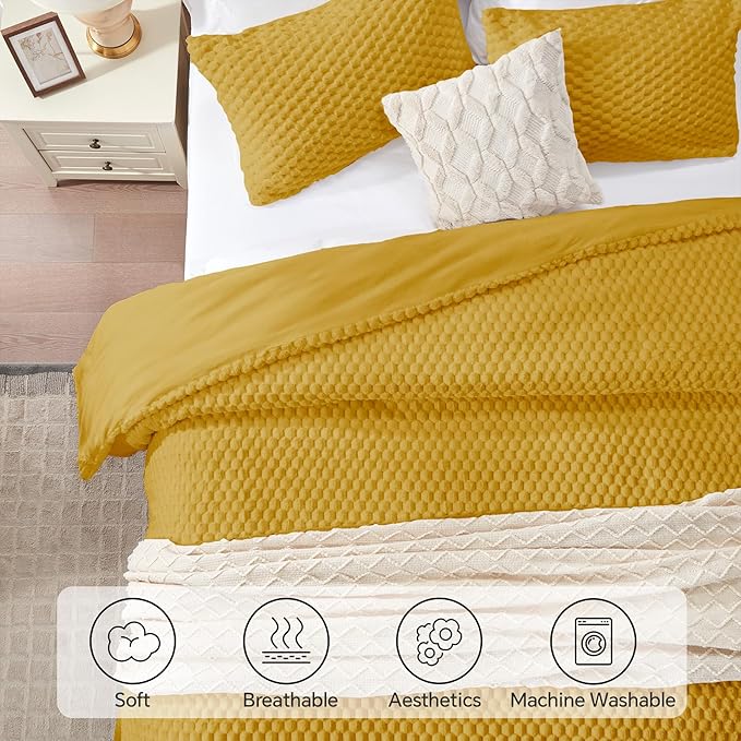 BEDELITE Fluffy King Size Comforter Set - Yellow Fleece Soft Comforter for King Size Bed, Luxury Warm Bedding Set for Winter, Fuzzy Bed Set 3 Pieces (1 Comforter, 2 Pillowcases)