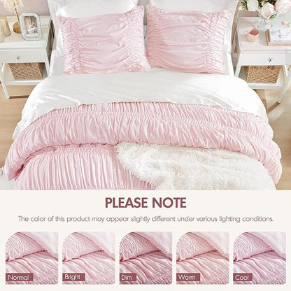 Intelligent Design King Comforter Set Ruched Shabby Chic Comforters for King Size Bed, All Season Lightweight Comforter King, French Country Bedding Set, Shams, Ella, King/Cal King, Pink 3 Piece