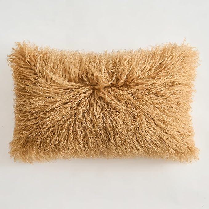 Genuine Mongolian Lamb Fur Pillow Cover – 12"x20" Rectangular Cushion Case – Soft Curly Wool Decorative Accent for Sofa, Bed, or Chair (Toffee)