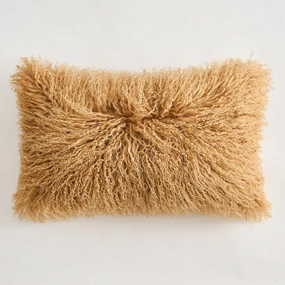 Genuine Mongolian Lamb Fur Pillow Cover – 12"x20" Rectangular Cushion Case – Soft Curly Wool Decorative Accent for Sofa, Bed, or Chair (Toffee)