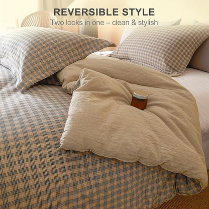 100% Cotton Comforter Set Queen Size – Reversible Yarn-Dyed Checkered Design, Soft Washed Cotton on Both Sides, Lightweight All-Season Bedding, Machine Washable(Beige Plaid, 90”x90”)