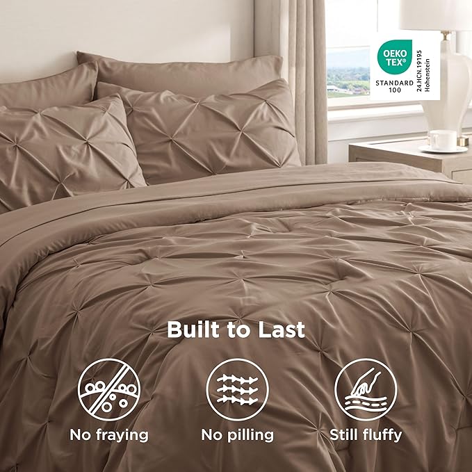 Bedsure Queen Comforter Set Brown - Bed in a Bag Queen Size Bedding 7 Pieces, GentleSoft™ Pintuck Bed Set Gift for Family, Pinch Pleat All Season Comforter with Sheets, Pillowcases & Shams