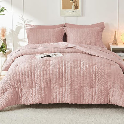 HYMOKEGE Rose Gold King Size Comforter Set Seersucker 7 Pieces, All Season Luxury Bed in a Bag for Bedroom, Bedding Set with Comforters, Sheets, Pillowcases & Shams
