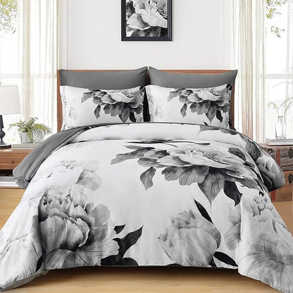Dobuyly Grey Full Size Comforter Set 7 Piece Bed in a Bag, Gray Floral Printed on White Comforter Set with Sheets, Soft Microfiber Botanical Farmhouse Bedding Set for All Season