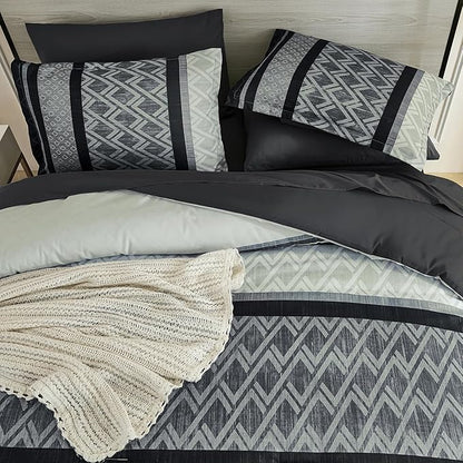 Cottolester Boho Comforter Set King Size,Black Gray Striped Bed in a Bag,Fall Plaid Comforter and Sheet Set,Soft Microfiber Complete Bedding Sets