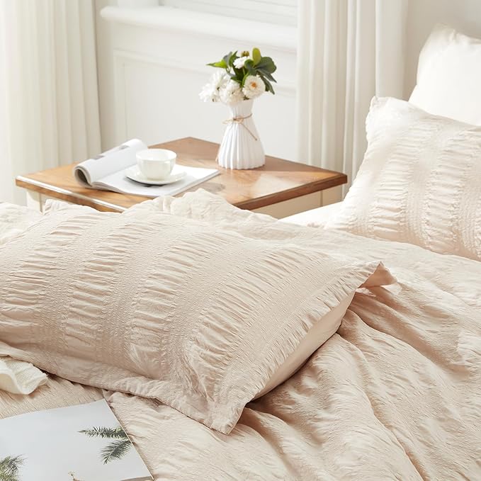 Zzlpp King Comforter Set 7 Pieces, Beige Seersucker Bed in a Bag with Comforter and Sheets, All Season Bedding Sets with 1 Comforter, 2 Pillow Shams, 2 Pillowcases, 1 Flat Sheet