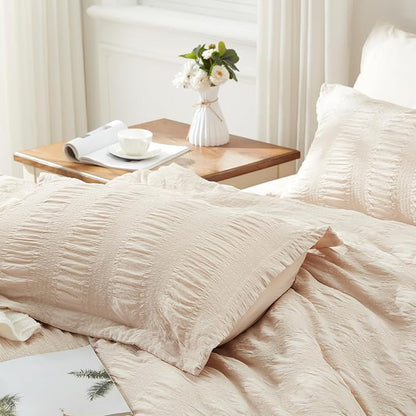 Zzlpp King Comforter Set 7 Pieces, Beige Seersucker Bed in a Bag with Comforter and Sheets, All Season Bedding Sets with 1 Comforter, 2 Pillow Shams, 2 Pillowcases, 1 Flat Sheet