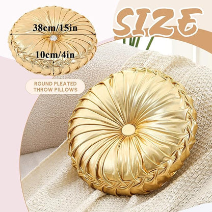 1 Pcs Round Throw Pillows Decorative Polyester Pleated Throw Pillows 15'' Diameter Accent Pumpkin Boho Chair Cushion for Couch Sofa Home Decoration (Gold)
