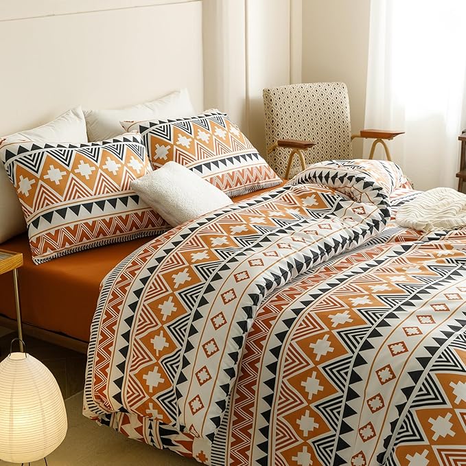 CLOTHKNOW Brown Aztec Queen Comforter Set 3Pcs Boho Bedding Comforter Sets Southwestern Comforter Queen Botanical Comforter with 2 x Pillow Cases