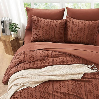 Queen Comforter Set Autumn Leaf, Tufted Boho Bedding Farmhouse Bed Set, All Season 7 Pieces Bed in a Bag with Sheets, Pillowcases & Shams