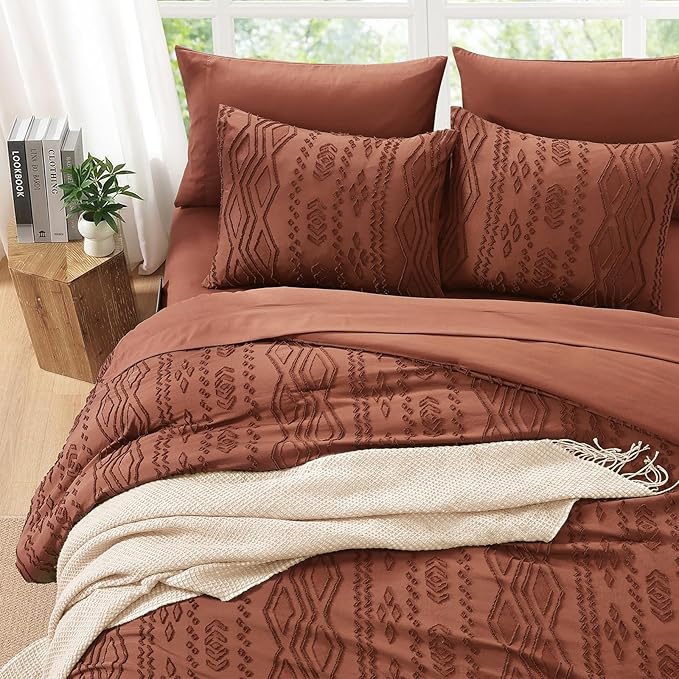 King Size Comforter Set Autumn Leaf, Tufted Boho Bedding Farmhouse Bed Set, All Season 7 Pieces Bed in a Bag with Sheets, Pillowcases & Shams
