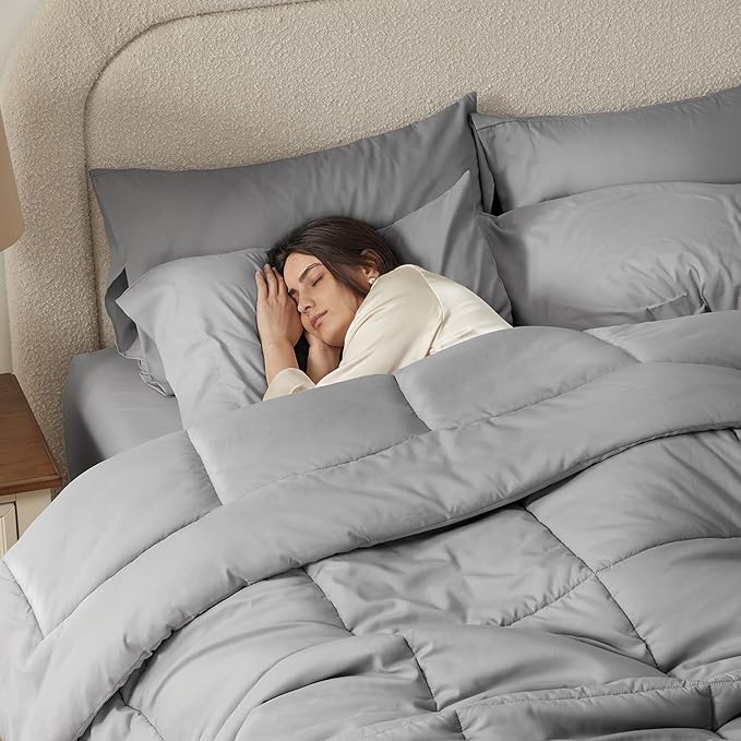 SunStyle Home Light Grey Full/Queen Comforter Set - 7 Pieces Bed in a Bag, Lightweight Goose Down Alternative Bedding Sets with All Season Comforter, 1 Flat Sheet, 1 Fitted Sheet, 4 Pillowcases