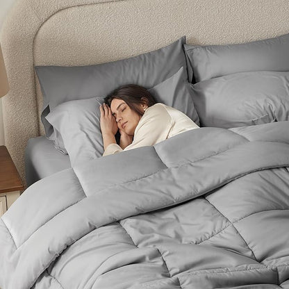 SunStyle Home Light Grey Full/Queen Comforter Set - 7 Pieces Bed in a Bag, Lightweight Goose Down Alternative Bedding Sets with All Season Comforter, 1 Flat Sheet, 1 Fitted Sheet, 4 Pillowcases