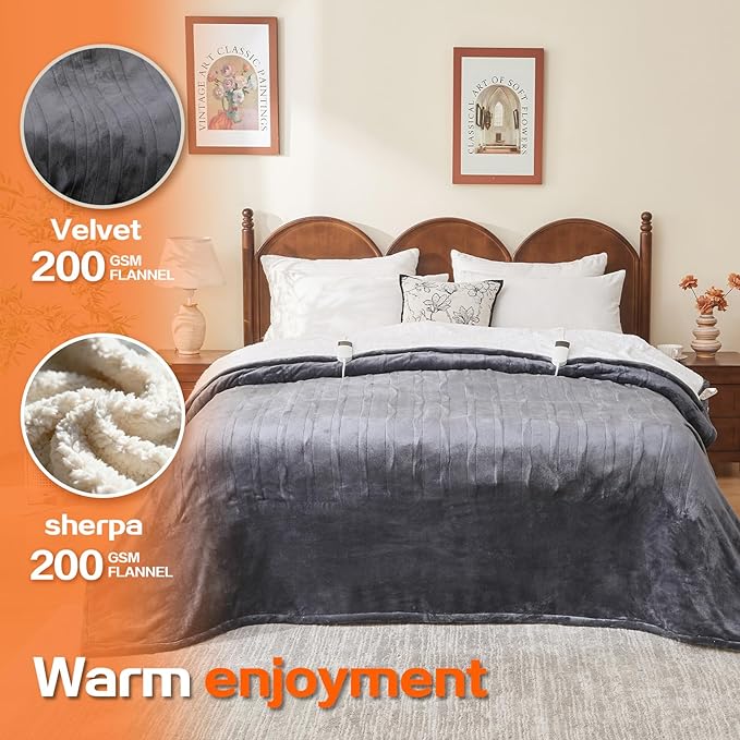 Electric Heated Blanket Queen Size 84''x90'' Soft Flannel & Sherpa Electric Blanket with 10 Heating Levels, Automatically Shut Down After 8h with Overheat Protection Machine Washable