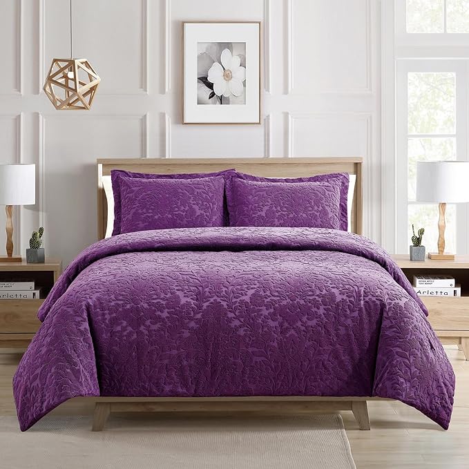 Sunshine Nicole Velvet Jacquard Comforter Set, Velvet Jacquard Face and Brushed Solid Microfiber Reverse, with Light Weight Soft Poly Fill, 3 Pieces Purple, Queen