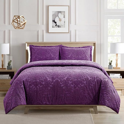 Sunshine Nicole Velvet Jacquard Comforter Set, Velvet Jacquard Face and Brushed Solid Microfiber Reverse, with Light Weight Soft Poly Fill, 3 Pieces Purple, Queen